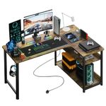 COMHOMA L Shaped Gaming Desk with Power Outlets Corner Computer Desk 110x80CM with Shelves Headphone Hook PC Table Workstation for Home Office Bedroom (Brown, 110CM)