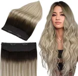 Full Shine Wire Hair Extensions Real Human Hair with Transparent Wire Adjustable Size 4 Secure Clips Secret Extensions Dark Brown Balayage Platinum Blonde and Ash Blonde Human Hair 12 inch 70g