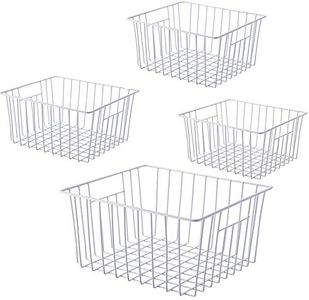 Freezer Wire Baskets, Kitchen Storage Organizer Bins for Chest and Upright Freezer, Refrigerator Dividers Containers with Handles - Pearl White (4)