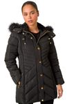 Roman Originals Padded Coat for Women UK - Ladies Longline Puffer Winter Quilted Parka Waterproof Rainproof Wind Resistant Thermal Jacket Long Length Warm Zip Hood Puffa Cosy - Petite Black - Size 10