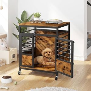 DWVO Dog Crate Furniture, 24 Inch Dog Kennel Indoor Furniture End Table Dog Crate for Dogs, Modern Decorative Dog Crate Wooden Dog Crate Furniture with Wheels, Chew-Resistant, Rustic Brown