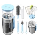 Gecic 6 in 1 Baby Bottle Brush Set, Bottle Cleaner Kit with Silicone Bottle Brush, Nipple Brush, Straw Cleaning Brush, Soap Dispenser, Baby Bottle Drying Rack for Travel and Home Use (Blue)