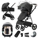 Gcarebb Leather 3 in 1 Pushchair, City Strollers with Car Seat, Portable One-Click Folding Walking Stick Stroller, Landscape Combined Strollers High Aluminium Frame for Newborn 0-4 Years