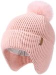 Toddler Baby Winter Hat Warm Fleece Lined Knit Kids Hat with Earflap Infant Newborn Pom Pom Beanie Knit Cap Girls Boys Pink