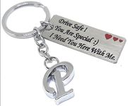 Aura Sweet Emotional Valentines Gift Drive Safe Message Keychain With Alphabet Initial For Men Women Girls Boys Friend Husband Wife Stainless Steel Metal Silver Keychain (P)