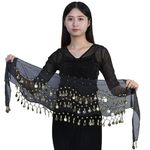 1 Piece Black Belly Dance Costume, 98 Coin Chain Belly Dancer Decorative Costume, Ladies Fringe Indian Belly Dance Hip Skirt, Dance Hip Dance Costume, Mini Skirt Semi-Transparent Sexy Costume