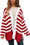 PRETTYGARDEN Women's Winter Striped Cardigan Sweaters Long Sleeve Button Down Open Front Chunky Knit Oversized Sweater Coat (Striped Red White,Medium)