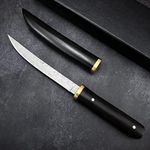 HUAAO Fixed Blade Damascus Knife, 4.3’’ Damascus Steel Blade with Ebony Handle, Scabbard, Mini Katana Knife Sword Letter Opener for Display Collection Gift (black ebony)