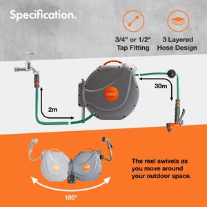 VonHaus 30m Wall Mounted Retractable Hose Reel – Auto Rewind, 8-Function Spray Gun
