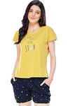 ZEYO Women's Cotton Star Printed Yellow & Navy Blue Pajama Set Night Suit Set Of Top & Shorts 5231, Medium