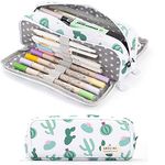 Pencil Case, Large Capacity Pencil Pouch, Pen Bag Makeup Bag 3 Compartments Canvas Student Stationery Pouch for Girls Boys Middle High School College Students Teen Office(Cactus)