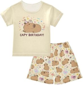KUEJOP Capybara Birthday Party Print Yellow Summer Cute Pajama Sets, Short Sets for Daily Wears and Sleep Wears