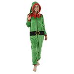 Womens Elf Christmas Pyjama Suit All in One Green Red Fleece Hood Nightwear - M