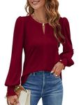 Blooming Jelly Women's Puff Sleeve Dressy Tops Keyhole Fall Shirts Business Casual Blouses 2024 (Medium, Wine Red)