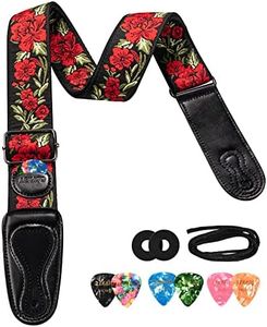 LEKATO LGS-6 Sangle de Guitare Sangle de Guitare Acoustique Electrique Ceinture de Guitare avec 6 médiators Motif de Broderie de Fleurs Sangle de Basse pour Guitares Basses (Rouge)