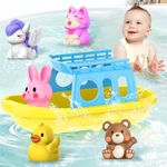 Oriate Montessori Bath Boat Toys for 1-3 Toddlers, Summer Baby Sensory Learning Toy Set in The Bathtub, Pool, Beach, 5 PCS Silicone Animal Finger Puppets and 1 Boat, Birthday Gift Cake Topper