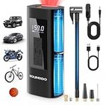 YOUNGDO Portable Air Compressor, 6000mAh Rechargeable Tire Inflator, 150PSI Fast Fill Digital Tire Inflator with 4 Nozzles for Cars, Motorcycles, Bicycles and Balls