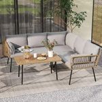 DWVO 4 Pieces Patio Furniture Set, Outdoor Rattan Woven Patio Conversation Set Sectional L-Shaped Sofa with 5 Seater for Backyard, Porch, Boho Detachable Lounger with Cushions and Side Table (Grey)