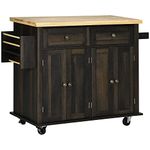 HOMCOM Kitchen Island on Wheels, Rolling Cart with Rubber Wood Top, Spice Rack, Towel Rack and Drawers, Brown Oak