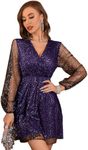 Floerns Women's Lantern Long Sleeve V Neck Mesh Cocktail Party Short Dress Without Belt Purple Glitter XXL