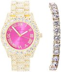 Charles Raymond Women's Big Rocks Bezel Colored Dial with Roman Numerals Fully Iced Out Watch and Matching Beautiful Sparkling Tennis Bracelet Set - ST10327LA (TLA Gold - Hot Pink)