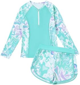 TATAKERI Toddler Girls Long Sleeve Swimsuits Girl Swimwear Little Girls Swimsuits 2 Pieces Toddler Rash Guard Swimsuit Print Light Blue