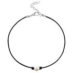 MJartoria Girls Black PU Leather Cord Faux Pearl Choker Necklace (A-single white)