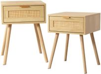 LAZZO Set of 2 Bedroom Nightstands Wooden Night Stands with Rattan Weaving Drawer Home Bedside End Table for Bedroom Storage (Set of 2)