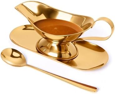 Gravy Boat with Ladle and Saucer Set,8oz Stainless Steel Sauce Boat with Tray for Salad Dressings Milk,Warming Sauces,Creamer,Broth (Gold)