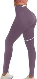 Curvphilo Women's Compression Leggings Butt Lifting Work Out Athletic Gym High Waist Tummy Control Stretchy with Pockets (XL/XXL, Purple Gray)