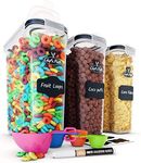 Chef's Path Cereal Storage Containers (4L, Set of 3) - Plastic Airtight Food Storage Containers with Lids, Labels, Spoon Set, Pen - Great for Flour, Rice & Pasta - Kitchen Storage Dispenser Keepers