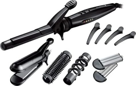 Remington S8670 Multi-style Includes Reversible Styling Plates, 19 mm Curling Tong, Round Brush and Spiral Curling Attachment, Hair Clips, Black