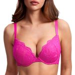DOBREVA Women's Push Up Lace Bra Sexy Plunge Padded Underwire Support Bras Lift Up Glitter Pink 34B