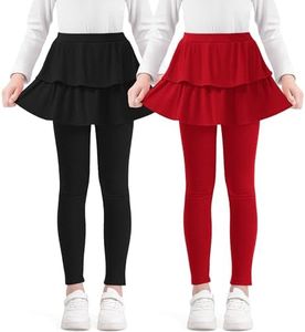 Somaibo Girls Leggings with Skirts School Uniform Athletic Stretchy Tutu Pants Kids Warm Ruffle Clothes 2-Pack 6-7 Years Black Red