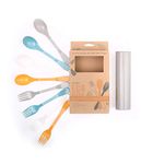 Knork Eco Astrik Reusable Compostable Plant-Based to Go Ware, Utensil Set with Carry Case, Orange Blue White Gray, 8 Piece Utensil Set with Carry Case