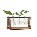 Hyindoor Propagation Station with Vintage Wooden Stand and Metal Rotating Rod for Hydroponics Plants Desktop Glass Planter Bulb Vase for Home Decoration