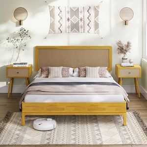 Bme Nipe Queen 14 Inch Bohemian Bed Frame with Adjustable Woven Headboard - Rustic & Vintage Unique Style with Acacia Wood - No Box Spring Needed - Easy Assembly - Natural