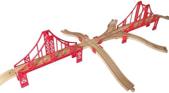 Bunu1492 Wooden Train Track Accessories Set, Double Big Red Suspension Bridges Set, Compatible with All Major Brands Track, Christmas Birthday Gift for Boys Girls, Toys Expansion Pack for Kids Ages 3+