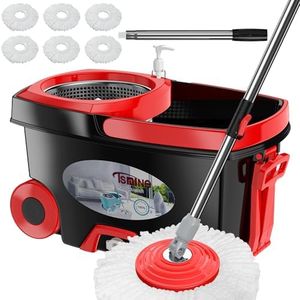FunClean Spin Mop and Bucket,Mop and Bucket with Wringer Set for Home,360 Spinning Mopping Floor Cleaning Tool with 6 Microfiber Replacement Head Refills,61" Extended Handle, 2X Wheel - Black