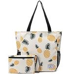 ETidy Large Capacity Foldable Tote Bag With Zipper Waterproof Sandproof Women Beach Bag Handbag Gym Bag Travel Shopping Bag, Yellow Pineapple, Large, Casual Daily Use