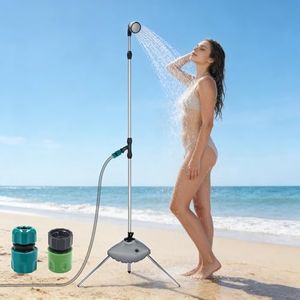 Upgraded Portable Tripod Shower, Stable Outdoor Shower with Fillable Base,180° Rotating Head, On/Off Valve, Dual Quick Connect Hose, Pool Beach Camping Hiking Use