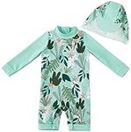 Baby Girls Swimsuit Infant Swim One Piece Suit Long Sleeve UPF 50+ Sun Protection Come with a Sun Hats (Green,6-9 Months)