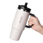 40oz Tumbler with Straw and Lid - BUZIO Travel Mug with Handle - Insulated Tumbler with Straw - Car Coffee Mug Travel Flask - Insulated Water Bottle for Cold and Hot Drink - White