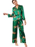 WDIRARA Women's Sleepwear Striped Satin Short Sleeve Shirt and Pants Pajama Set, Green Tiger, Medium