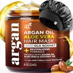 Hair Mask + Silk Bonnet for Sleeping Women Set - Deep Conditioner & Leave-In Conditioner for Dry, Damaged Hair - Argan Oil, Jojoba, Aloe & Keratin - Satin Bonnet for Sleeping, Repair & Hydrate (8 oz)