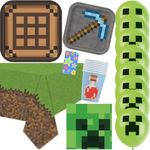 Minecraft Birthday Party Supplies with Balloon Decorations - 8 Plates 8 Cups 8 Cake Plates 1 Table Cloth 16 Napkins 8 Balloons 1 Notepad | Minecraft Party Supplies For Boys and Girls