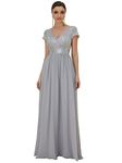 Ever-Pretty Women's High Waist Short Sleeves V-Neck Chiffon Sequins Long Evening Gowns Silver 14UK