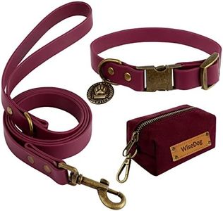 Wisedog Waterproof Dog Collar and Leash Set, Adjustable Puppy Collar with Cute Tag 5FT Dog Leash with Poop Bag for Small Medium Large Dogs (M, Burgundy)