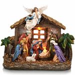 Valery Madelyn Christmas Nativity Figurines with LED Lights, Large Holy Family Nativity Scenes Resin Manger for Xmas Indoor Home Table Fireplace Holiday Decorations, 10.6 Inch Tall