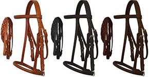 Horse Pony Cob Mini Leather English Bridle with Raised Browband, Braided Leather Reins, and Adjustable Caveson. (Light Oil, Cob)